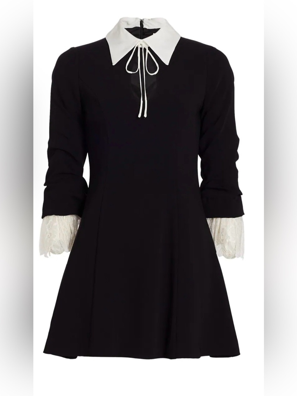 Black Dress with White Collar and Lace Cuffs - Classic Contrast Dress